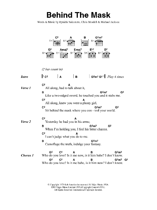 Download Eric Clapton Behind The Mask Sheet Music and learn how to play Lyrics & Chords PDF digital score in minutes