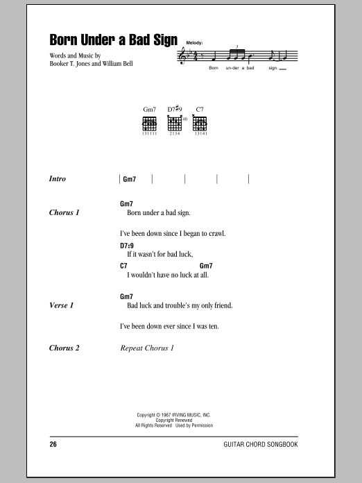 Download Eric Clapton Born Under A Bad Sign Sheet Music and learn how to play Lyrics & Chords PDF digital score in minutes