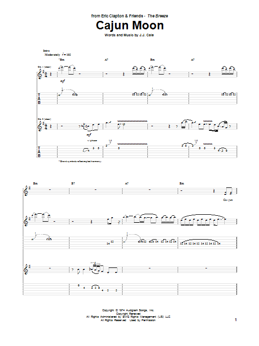 Download Eric Clapton Cajun Moon Sheet Music and learn how to play Guitar Tab PDF digital score in minutes