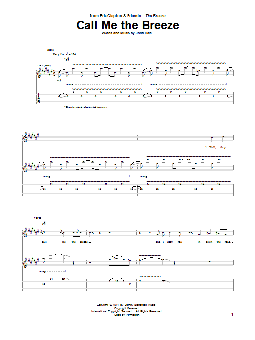 Download Eric Clapton Call Me The Breeze Sheet Music and learn how to play Guitar Tab PDF digital score in minutes