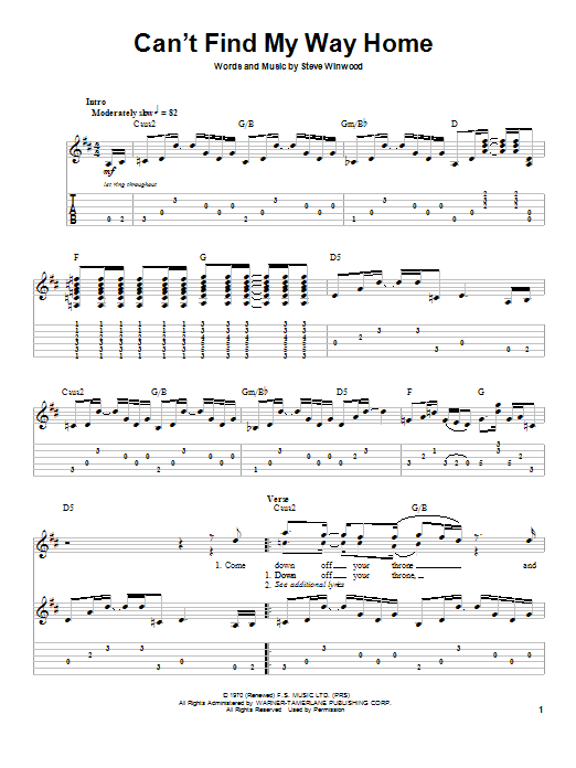 Download Eric Clapton Can't Find My Way Home Sheet Music and learn how to play Guitar Tab PDF digital score in minutes