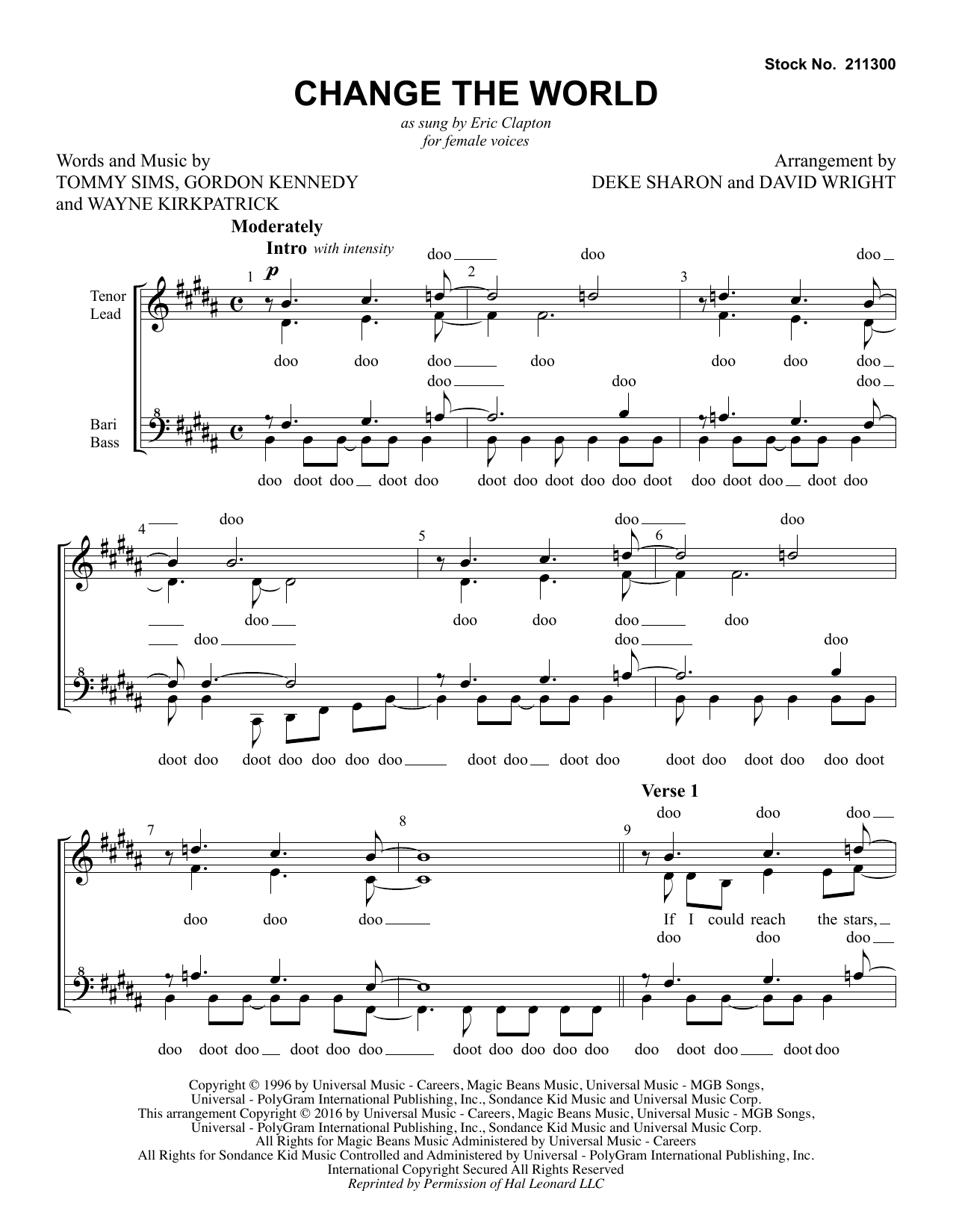 Download Eric Clapton Change The World (arr. Deke Sharon, David Wright) Sheet Music and learn how to play TTBB Choir PDF digital score in minutes