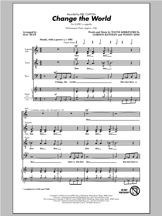 Download Eric Clapton Change The World (arr. Mac Huff) Sheet Music and learn how to play TTBB PDF digital score in minutes