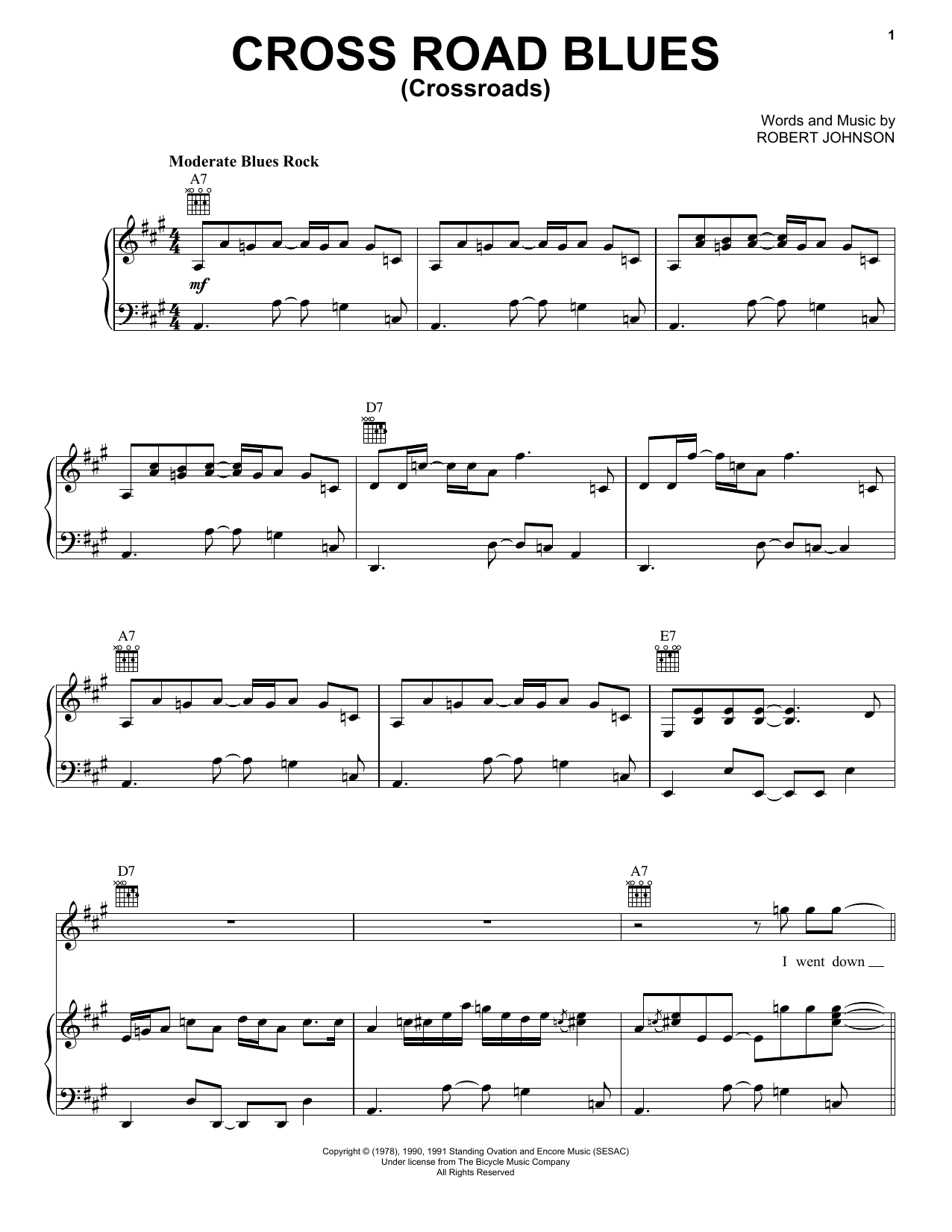 Download Eric Clapton Cross Road Blues (Crossroads) Sheet Music and learn how to play Piano, Vocal & Guitar (Right-Hand Melody) PDF digital score in minutes