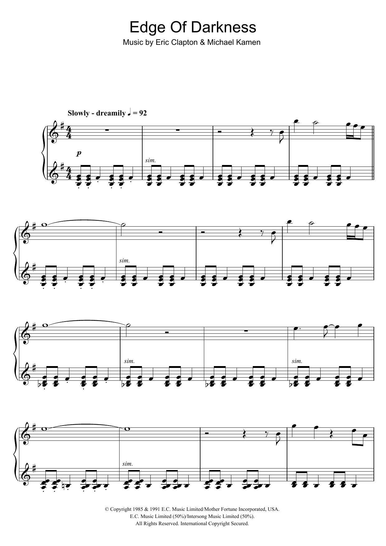 Download Eric Clapton Edge Of Darkness Sheet Music and learn how to play Piano PDF digital score in minutes