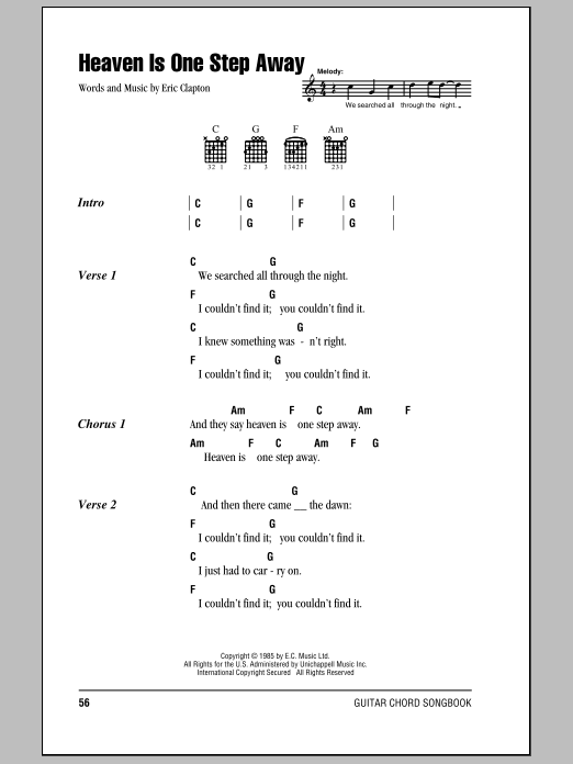 Download Eric Clapton Heaven Is One Step Away Sheet Music and learn how to play Lyrics & Chords PDF digital score in minutes