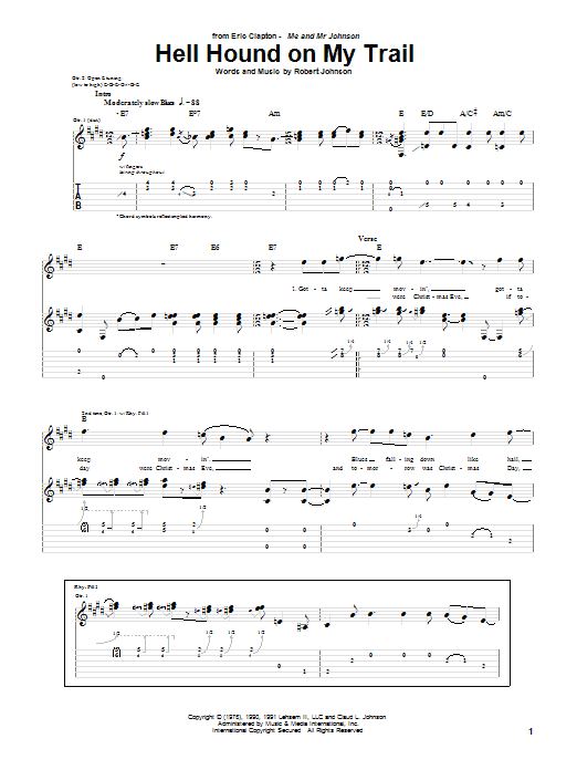 Download Eric Clapton Hell Hound On My Trail Sheet Music and learn how to play Guitar Tab PDF digital score in minutes