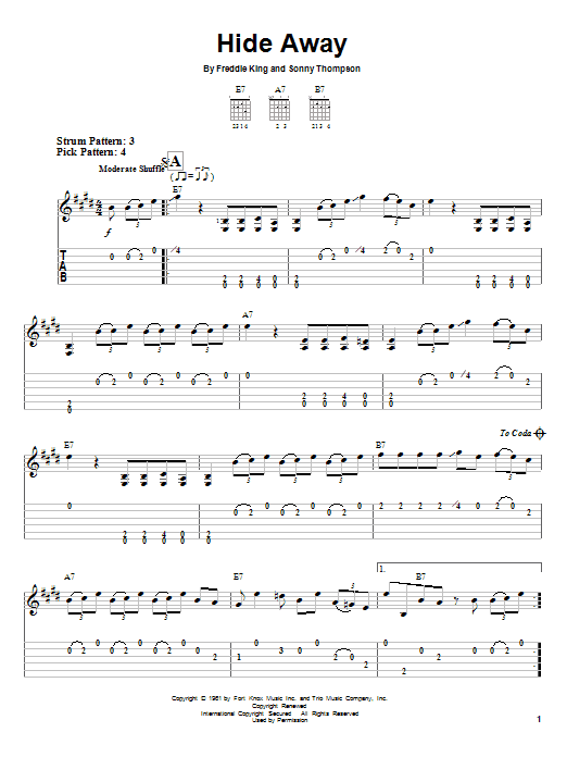 Download Eric Clapton Hide Away Sheet Music and learn how to play Easy Guitar Tab PDF digital score in minutes