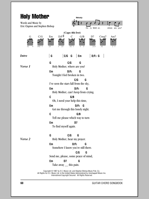Download Eric Clapton Holy Mother Sheet Music and learn how to play Lyrics & Chords PDF digital score in minutes