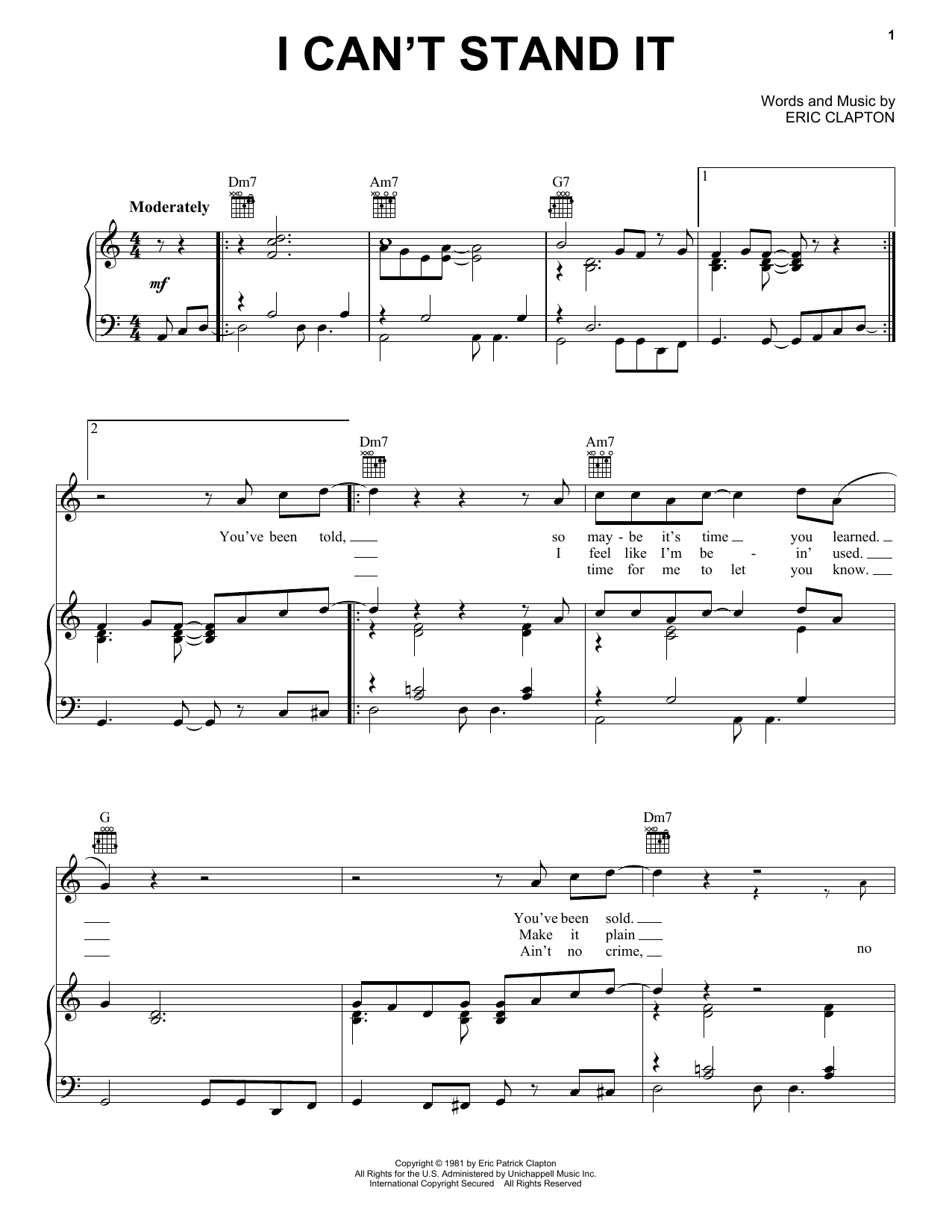 Download Eric Clapton I Can't Stand It Sheet Music and learn how to play Melody Line, Lyrics & Chords PDF digital score in minutes
