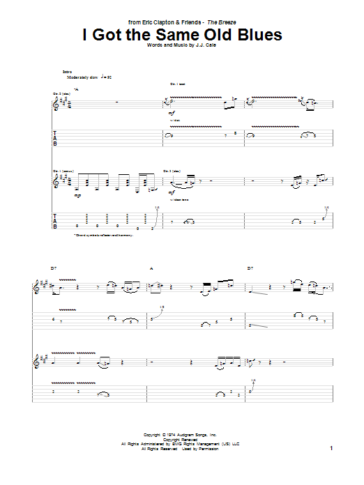Download Eric Clapton I Got The Same Old Blues Sheet Music and learn how to play Guitar Tab PDF digital score in minutes