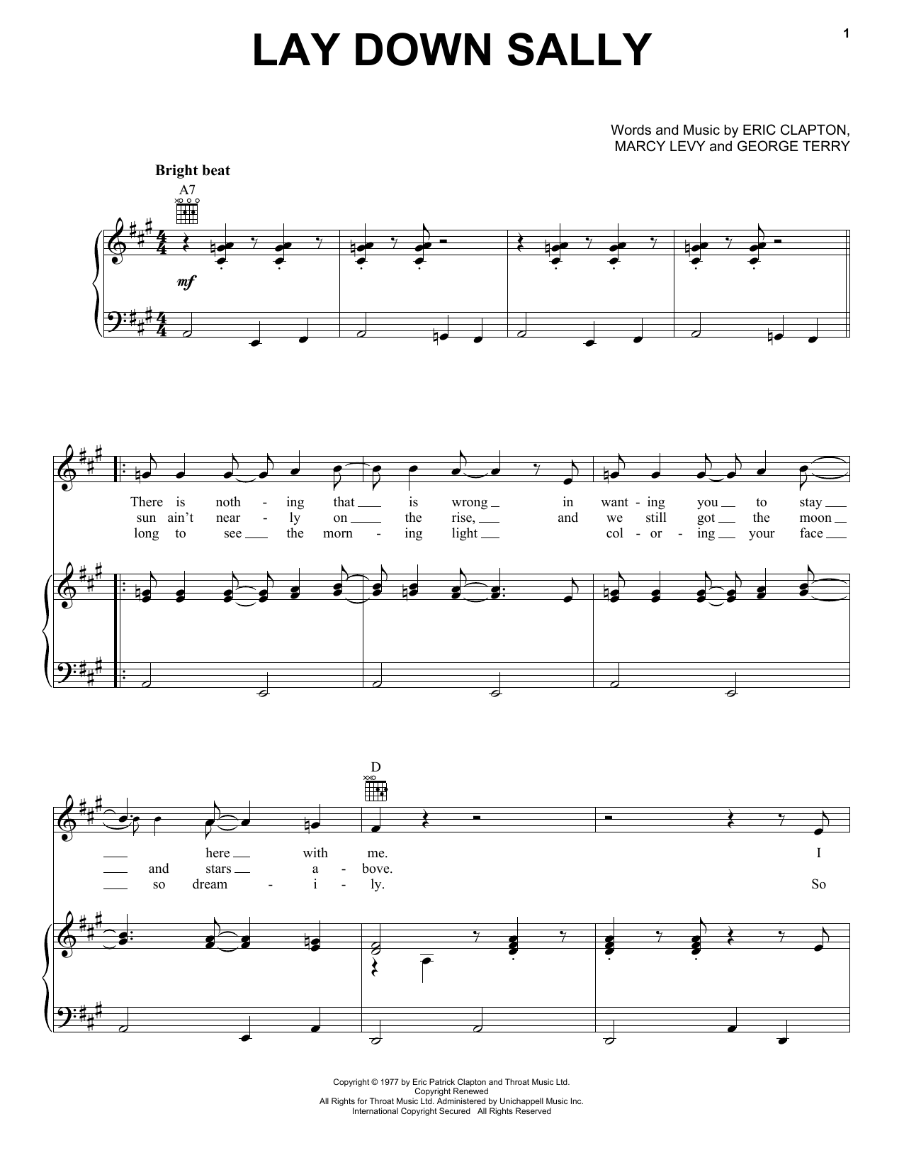 Download Eric Clapton Lay Down Sally Sheet Music and learn how to play Super Easy Piano PDF digital score in minutes