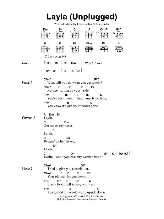 Download Eric Clapton Layla (unplugged) Sheet Music and learn how to play Lyrics & Chords PDF digital score in minutes