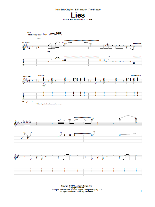 Download Eric Clapton Lies Sheet Music and learn how to play Guitar Tab PDF digital score in minutes