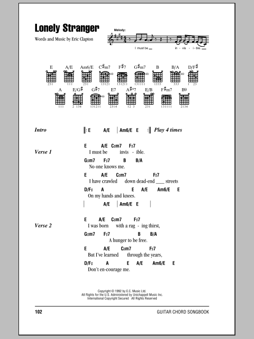 Download Eric Clapton Lonely Stranger Sheet Music and learn how to play Lyrics & Chords PDF digital score in minutes