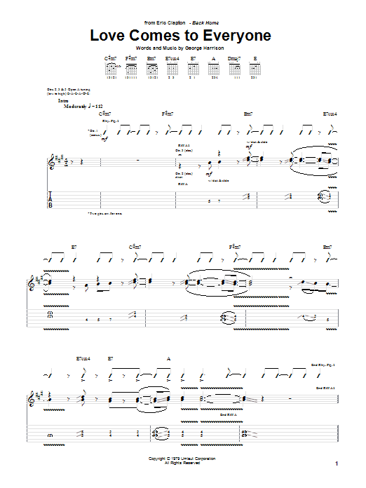 Download Eric Clapton Love Comes To Everyone Sheet Music and learn how to play Guitar Tab PDF digital score in minutes