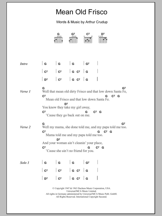 Download Eric Clapton Mean Old Frisco Sheet Music and learn how to play Lyrics & Chords PDF digital score in minutes