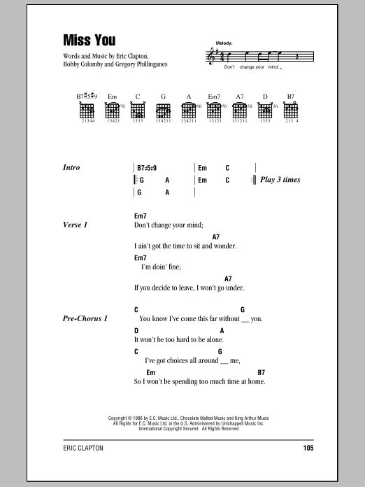 Download Eric Clapton Miss You Sheet Music and learn how to play Lyrics & Chords PDF digital score in minutes