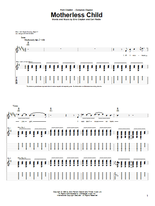 Download Eric Clapton Motherless Child Sheet Music and learn how to play Piano, Vocal & Guitar (Right-Hand Melody) PDF digital score in minutes