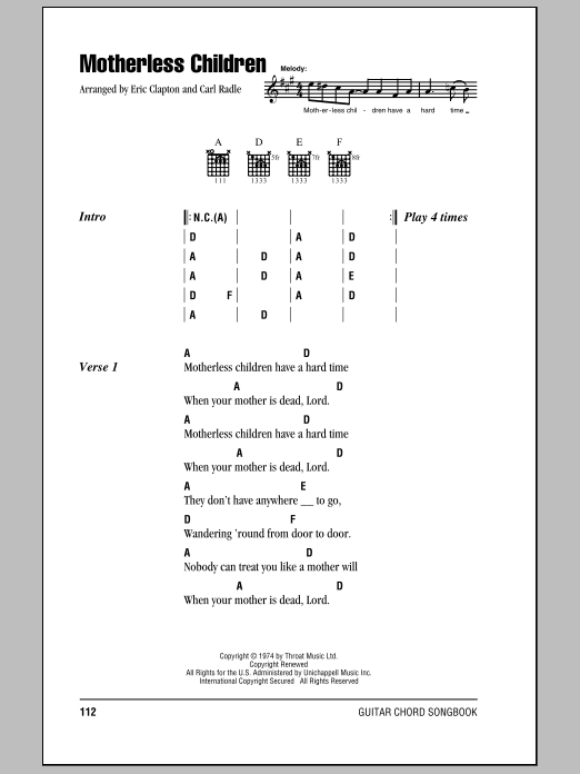 Download Eric Clapton Motherless Children Sheet Music and learn how to play Lyrics & Chords PDF digital score in minutes