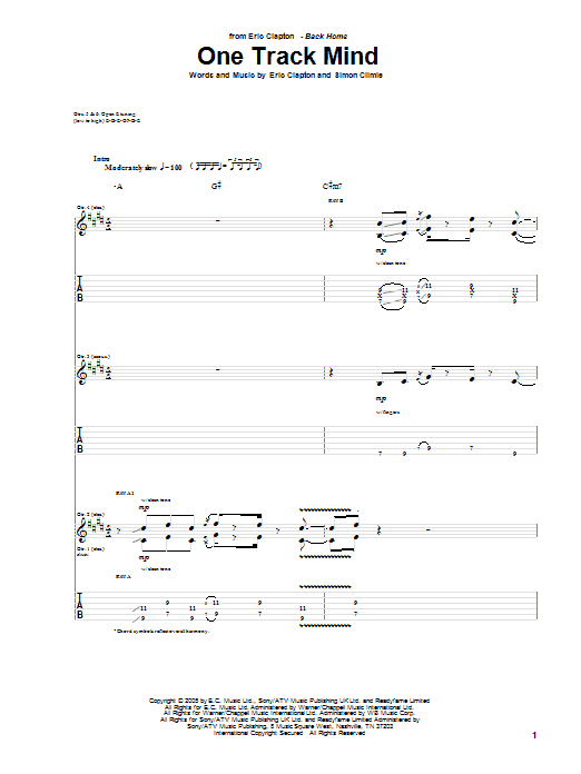 Download Eric Clapton One Track Mind Sheet Music and learn how to play Guitar Tab PDF digital score in minutes