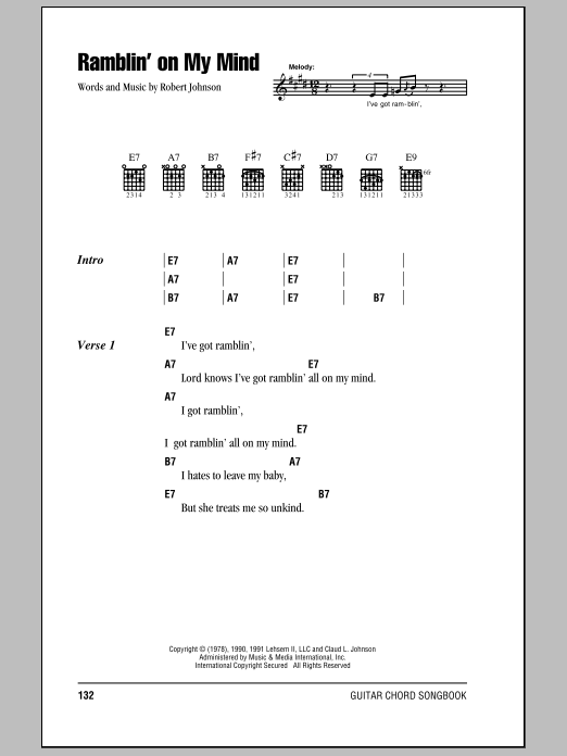 Download Eric Clapton Ramblin' On My Mind Sheet Music and learn how to play Real Book – Melody, Lyrics & Chords PDF digital score in minutes