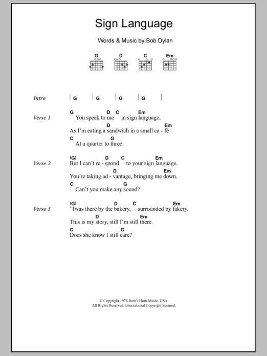 Download Eric Clapton Sign Language Sheet Music and learn how to play Lyrics & Chords PDF digital score in minutes