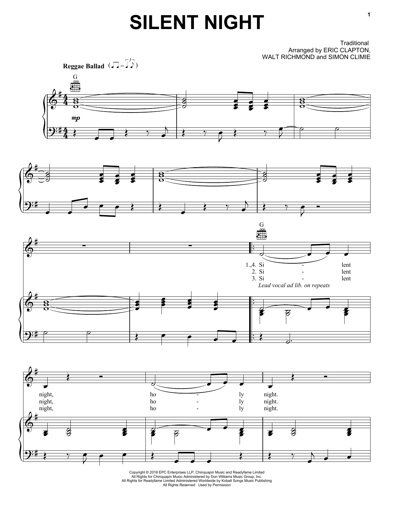 Download Eric Clapton Silent Night Sheet Music and learn how to play Piano, Vocal & Guitar Chords (Right-Hand Melody) PDF digital score in minutes