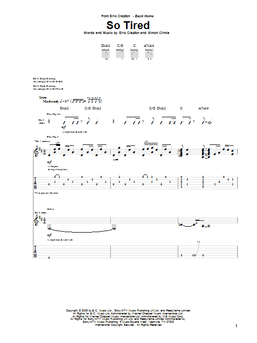 Download Eric Clapton So Tired Sheet Music and learn how to play Guitar Tab PDF digital score in minutes
