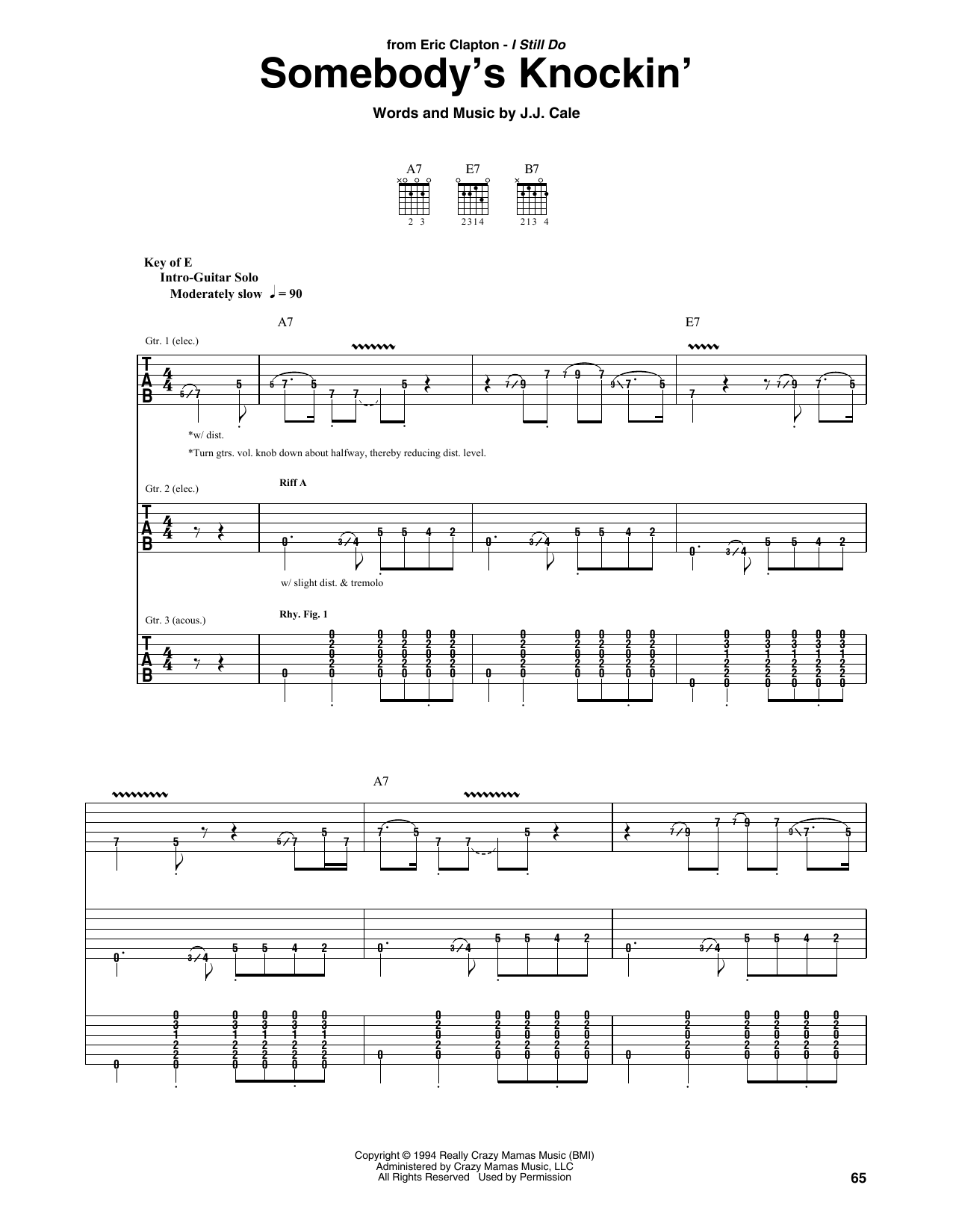 Download Eric Clapton Somebody's Knockin' Sheet Music and learn how to play Guitar Rhythm Tab PDF digital score in minutes