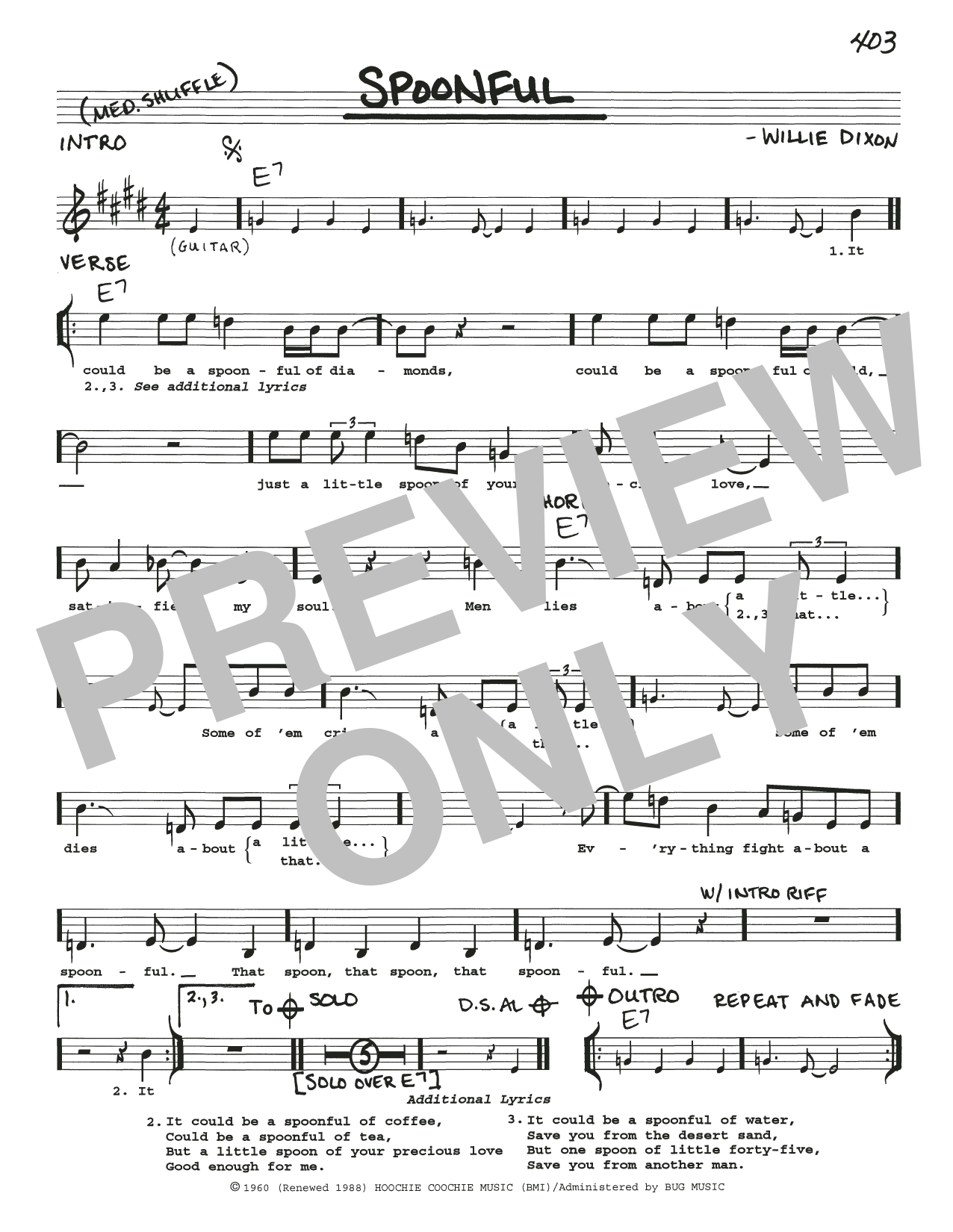 Download Eric Clapton Spoonful Sheet Music and learn how to play Real Book – Melody, Lyrics & Chords PDF digital score in minutes