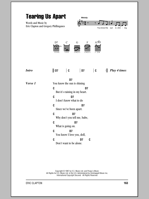 Download Eric Clapton Tearing Us Apart Sheet Music and learn how to play Lyrics & Chords PDF digital score in minutes