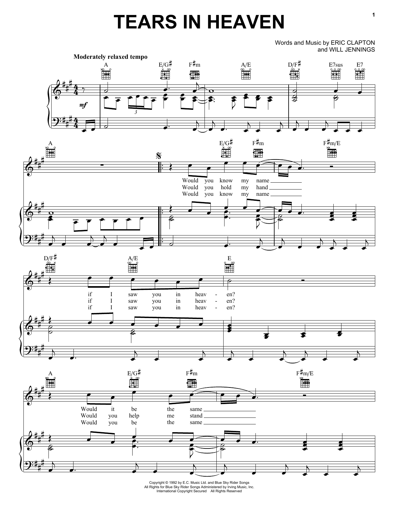 Download Eric Clapton Tears In Heaven Sheet Music and learn how to play Piano, Vocal & Guitar (Right-Hand Melody) PDF digital score in minutes