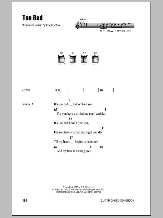 Download Eric Clapton Too Bad Sheet Music and learn how to play Ukulele PDF digital score in minutes