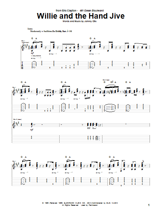 Download Eric Clapton Willie And The Hand Jive Sheet Music and learn how to play Guitar Tab PDF digital score in minutes