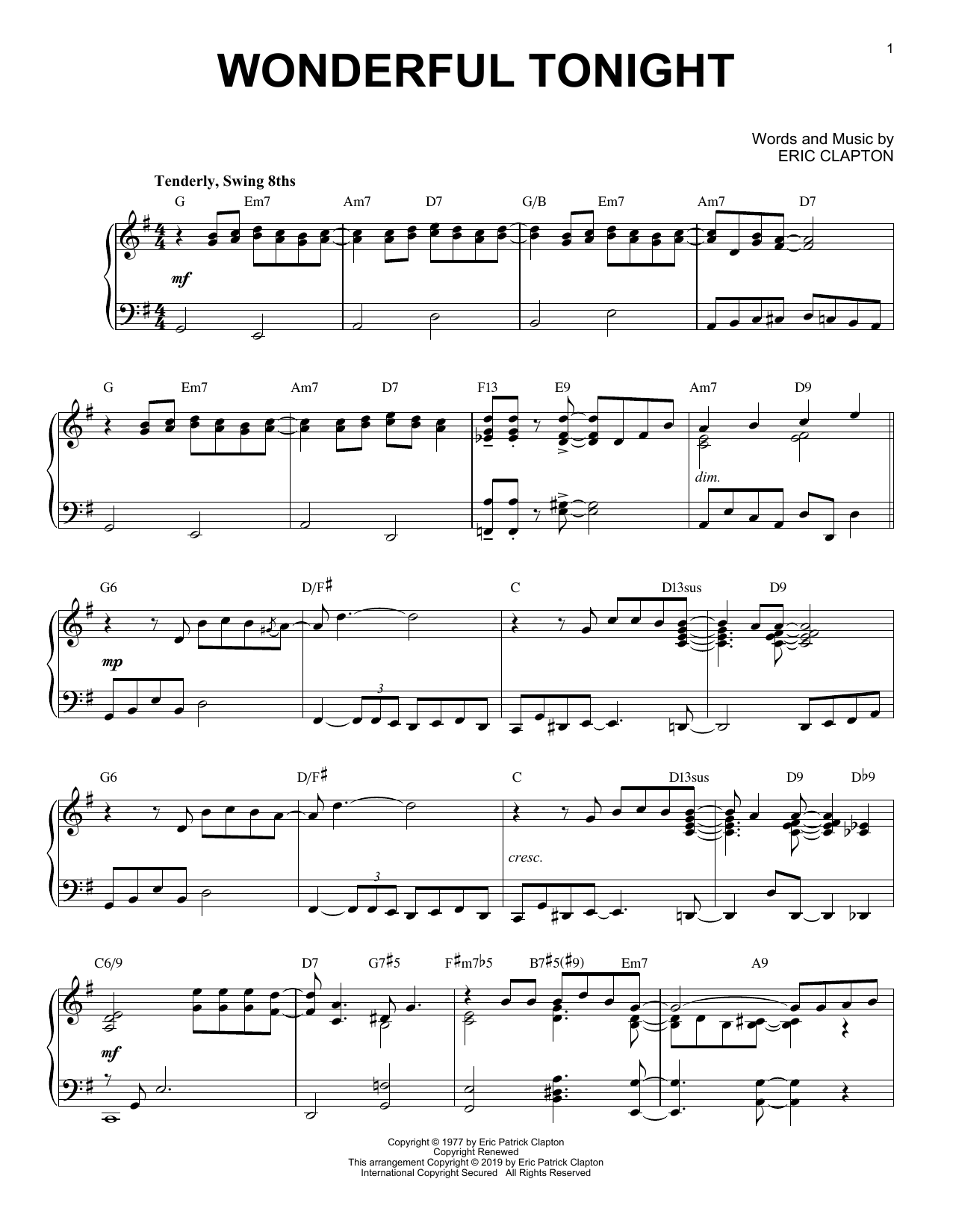 Download Eric Clapton Wonderful Tonight [Jazz version] Sheet Music and learn how to play Piano Solo PDF digital score in minutes