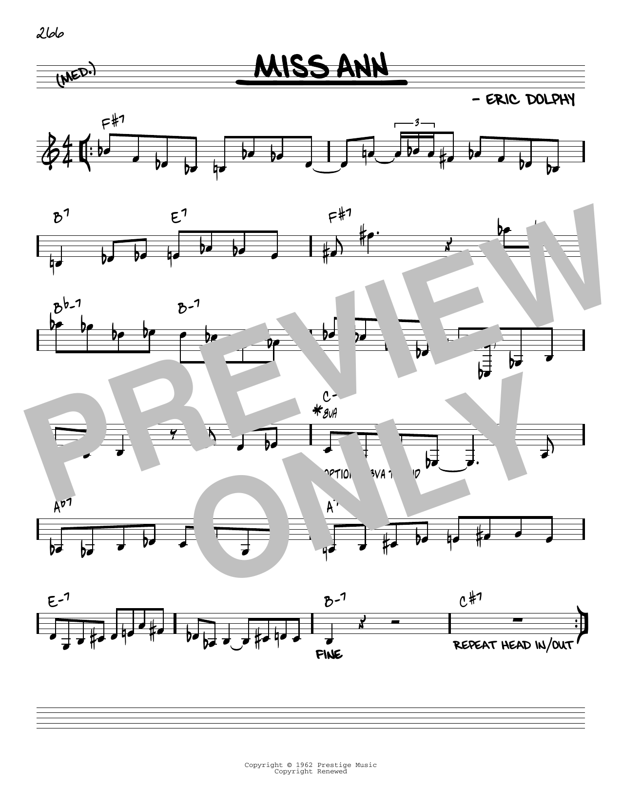 Download Eric Dolphy Miss Ann [Reharmonized version] (arr. Jack Grassel) Sheet Music and learn how to play Real Book – Melody & Chords PDF digital score in minutes