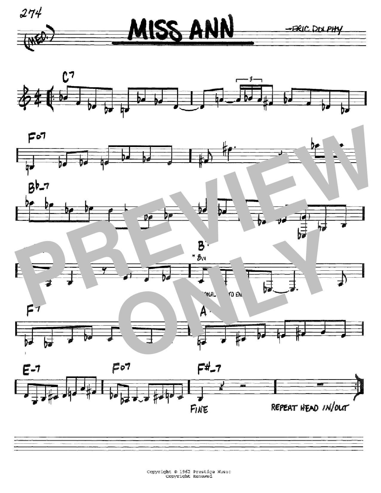 Download Eric Dolphy Miss Ann Sheet Music and learn how to play Real Book - Melody & Chords - Bb Instruments PDF digital score in minutes