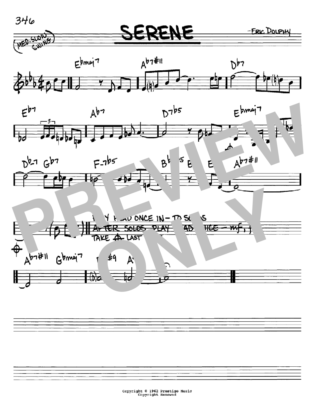 Download Eric Dolphy Serene Sheet Music and learn how to play Real Book - Melody & Chords - Bass Clef Instruments PDF digital score in minutes
