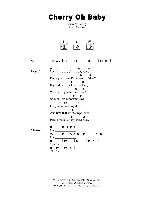 Download Eric Donaldson Cherry Oh Baby Sheet Music and learn how to play Lyrics & Chords PDF digital score in minutes