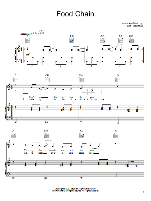 Download Eric Hutchinson Food Chain Sheet Music and learn how to play Piano, Vocal & Guitar (Right-Hand Melody) PDF digital score in minutes