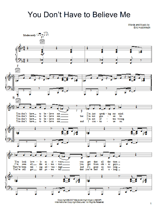 Download Eric Hutchinson You Don't Have To Believe Me Sheet Music and learn how to play Piano, Vocal & Guitar (Right-Hand Melody) PDF digital score in minutes