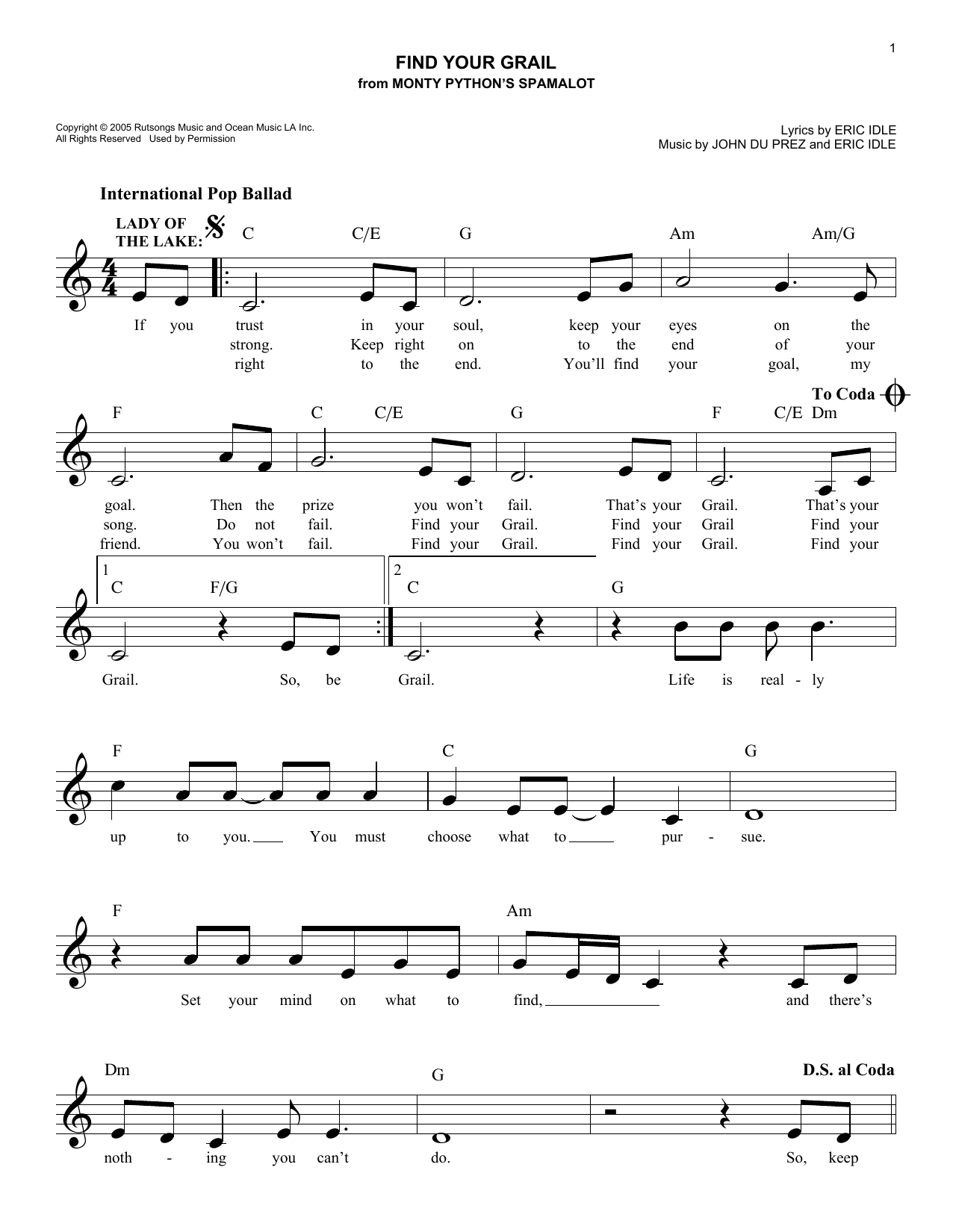 Download Eric Idle Find Your Grail Sheet Music and learn how to play Melody Line, Lyrics & Chords PDF digital score in minutes
