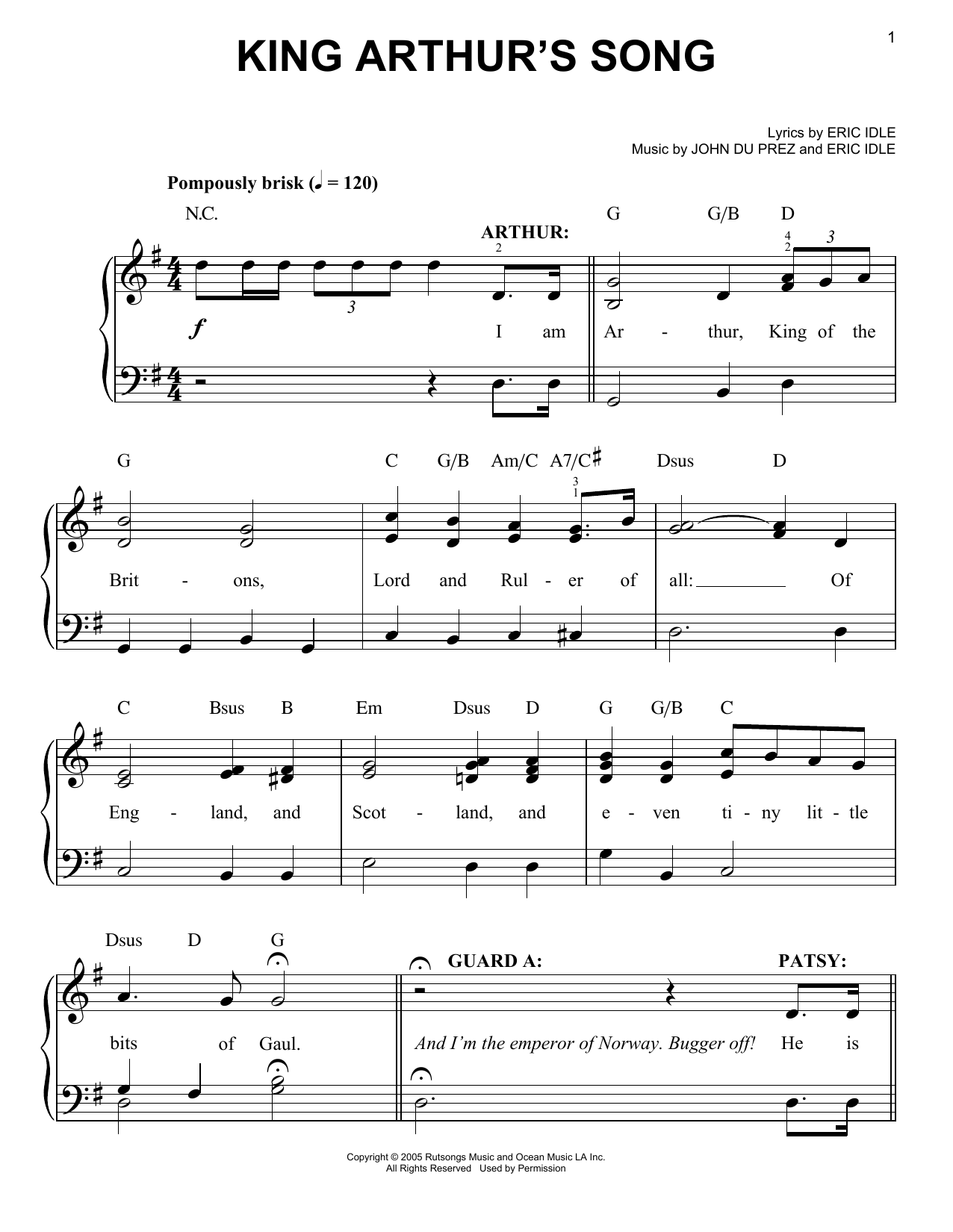 Download Eric Idle King Arthur's Song Sheet Music and learn how to play Easy Piano PDF digital score in minutes