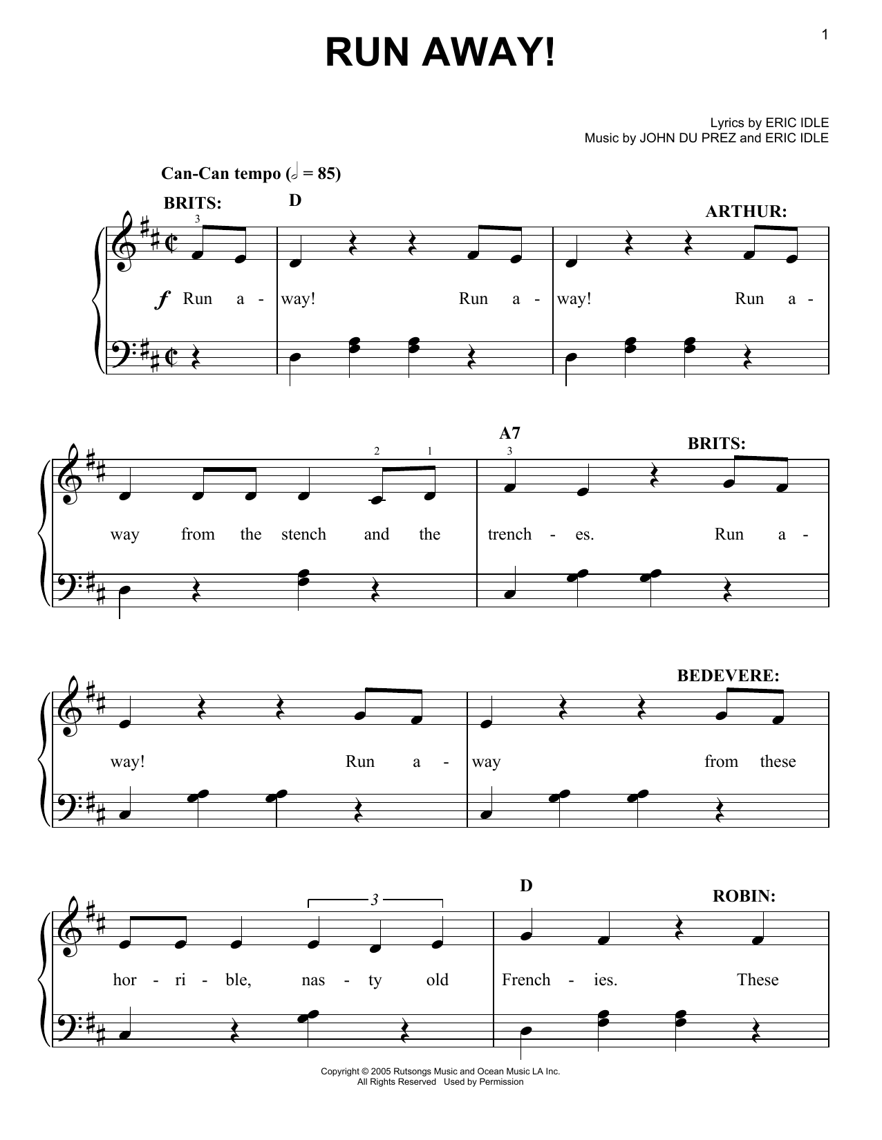 Download Eric Idle Run Away! Sheet Music and learn how to play Easy Piano PDF digital score in minutes