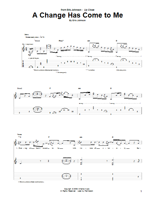 Download Eric Johnson A Change Has Come To Me Sheet Music and learn how to play Guitar Tab PDF digital score in minutes