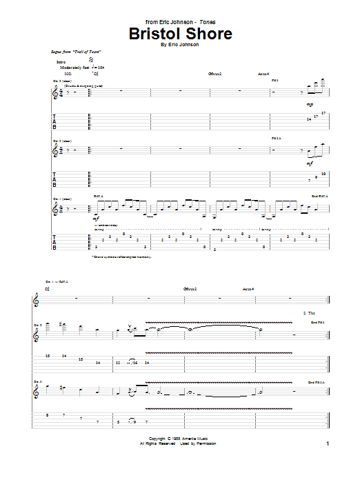Download Eric Johnson Bristol Shore Sheet Music and learn how to play Guitar Tab PDF digital score in minutes