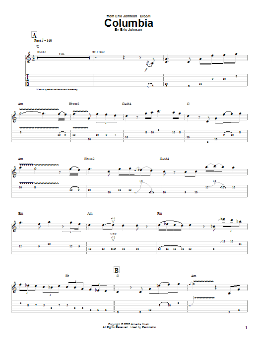 Download Eric Johnson Columbia Sheet Music and learn how to play Guitar Tab PDF digital score in minutes