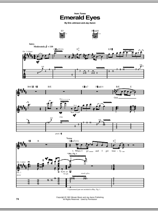 Download Eric Johnson Emerald Eyes Sheet Music and learn how to play Guitar Tab PDF digital score in minutes