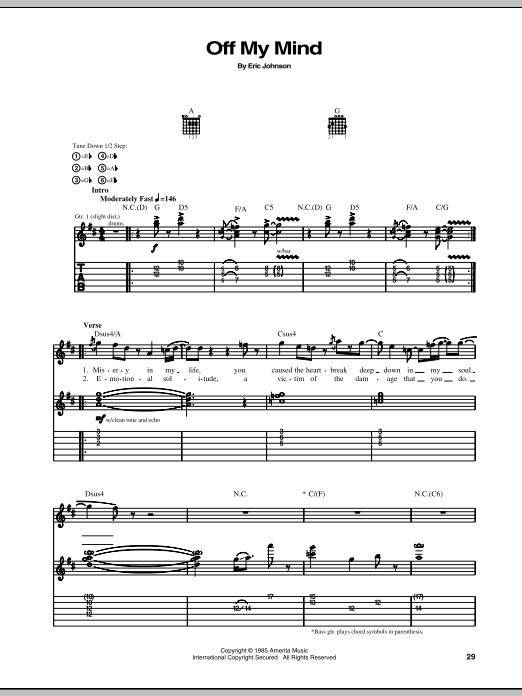 Download Eric Johnson Off My Mind Sheet Music and learn how to play Guitar Tab PDF digital score in minutes
